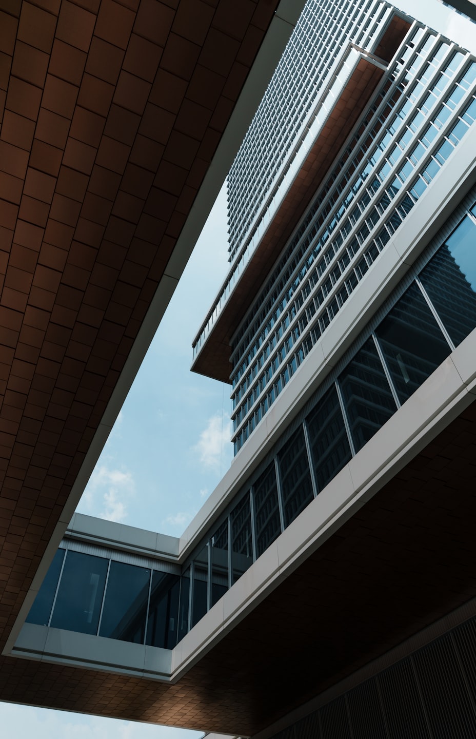 Esterno di un moderno edificio per uffici con facciate in vetro su uno sfondo blu cielo.